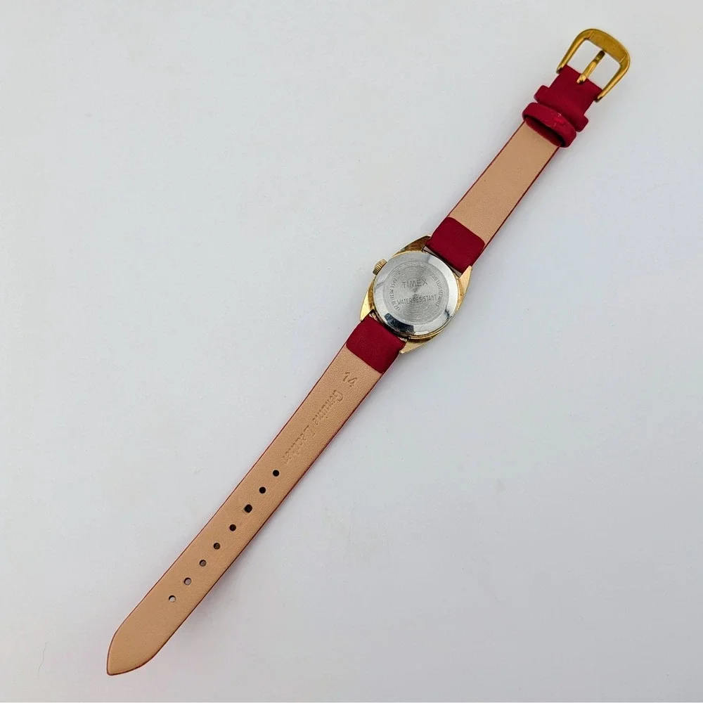 Vintage Timex Manual Wind Women's Gold Tone Cushion Case Watch Red Strap 24mm